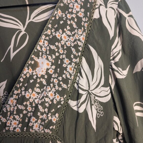 Angie Floral Green Tie Front Short Sleeve Kimono Cardigan Cover Up Tropical 1X - Picture 6 of 8